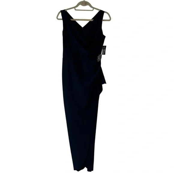 NWT Alex Evenings Navy Side Drape Tulip Hem Column Gown Size 4 Embellished